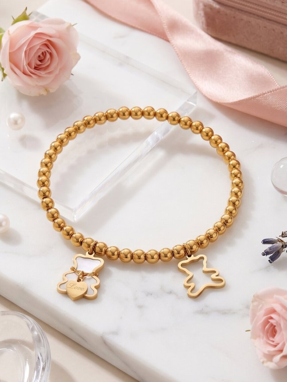 18K Gold Plated Stainless Steel Love Bear Charm Coquette Beaded Stretch Bracelet